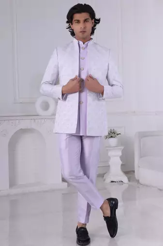 Purple jacquard embroidered indo western for mens
