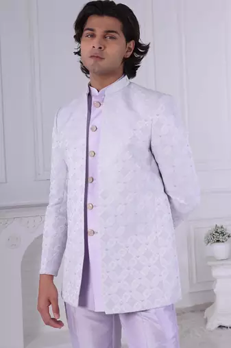 Purple jacquard embroidered indo western for mens