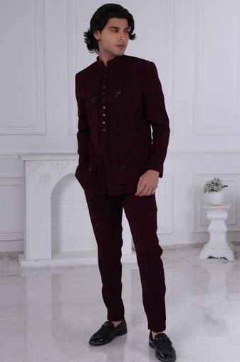 Maroon velet embroidered bandhgala for mens