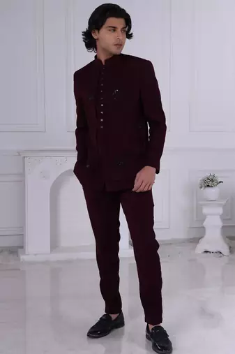 Maroon velet embroidered bandhgala for mens