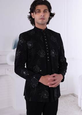 Black velet embroidered indo western for mens 2
