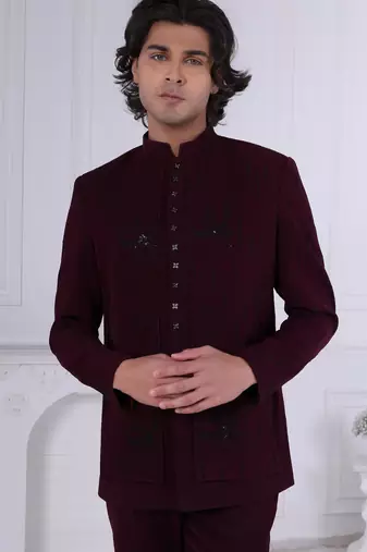 Maroon velet embroidered bandhgala for mens