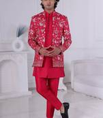 Red silk embroidered indo western for mens
