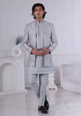 Grey silk embroidered indo western for mens 1