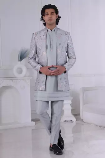 Grey silk embroidered indo western for mens