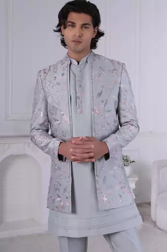 Grey silk embroidered indo western for mens