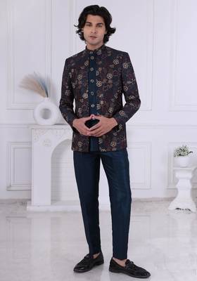 Blue silk embroidered indo western for mens 1