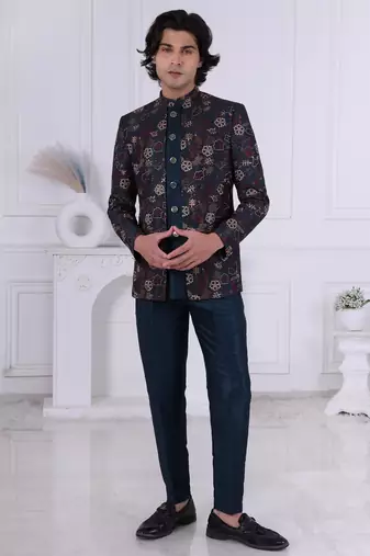Blue silk embroidered indo western for mens
