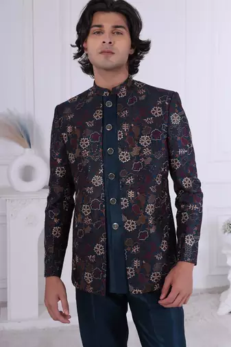 Blue silk embroidered indo western for mens