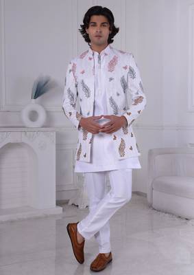 White silk embroidered indo western for mens 1
