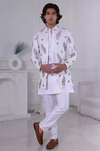 White silk embroidered indo western for mens