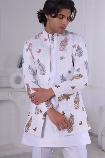 White silk embroidered indo western for mens