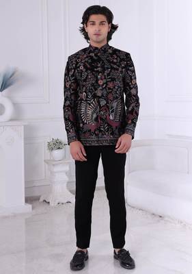 Black velvet embroidered bandhgala for mens 1