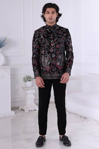 Black velvet embroidered bandhgala for mens