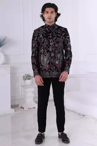 Black velvet embroidered bandhgala for mens