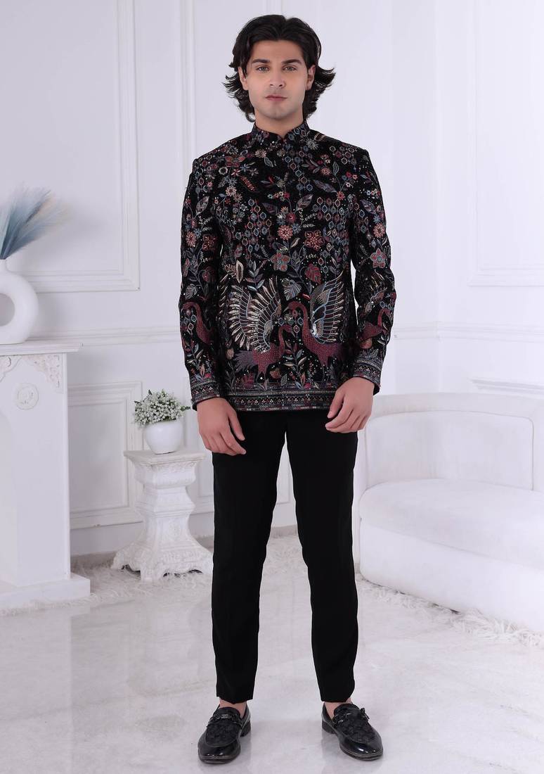 Black velvet embroidered bandhgala for mens
