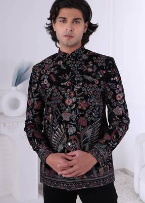 Black velvet embroidered bandhgala for mens 2