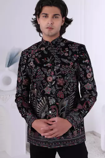 Black velvet embroidered bandhgala for mens