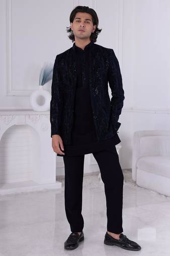 Blue velvet embroidered indo western for mens