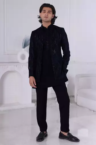 Blue velvet embroidered indo western for mens