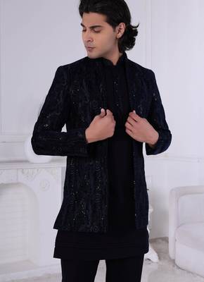 Blue velvet embroidered indo western for mens 2
