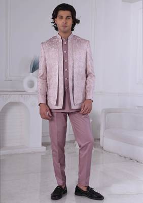 Pink jacquard embroidered indo western for mens 1