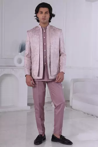 Pink jacquard embroidered indo western for mens