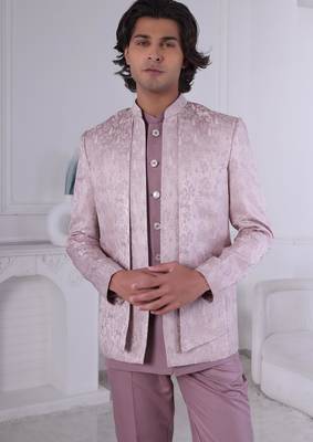 Pink jacquard embroidered indo western for mens 2