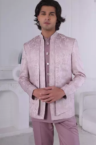 Pink jacquard embroidered indo western for mens