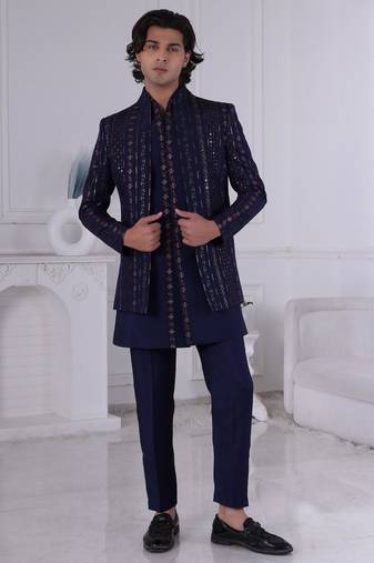 Blue silk embroidered indo western for mens