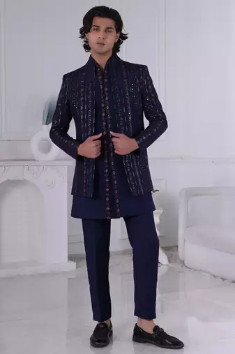 Blue silk embroidered indo western for mens