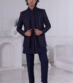 Blue silk embroidered indo western for mens