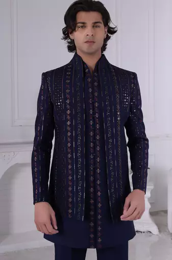 Blue silk embroidered indo western for mens