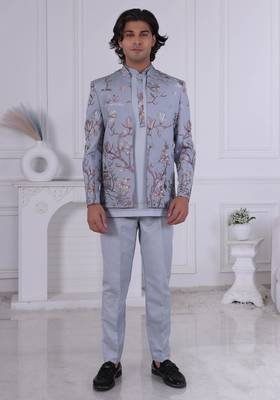 Grey rayon embroidered indo western for mens 1