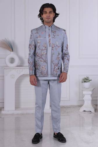 Grey rayon embroidered indo western for mens
