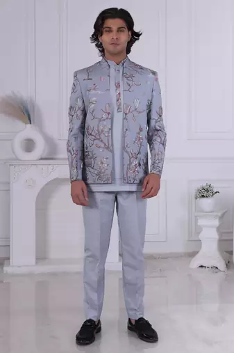 Grey rayon embroidered indo western for mens