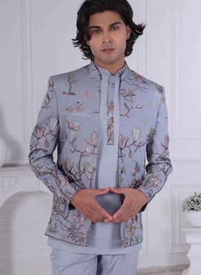Grey rayon embroidered indo western for mens 2