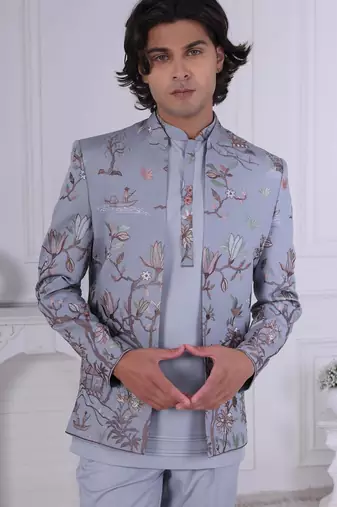 Grey rayon embroidered indo western for mens