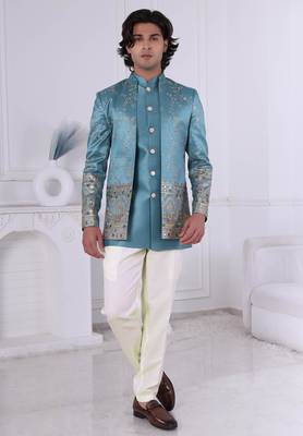 Blue silk embroidered indo western for mens 1