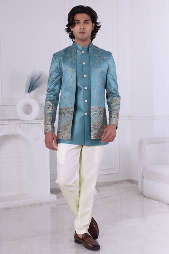 Blue silk embroidered indo western for mens