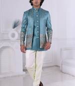 Blue silk embroidered indo western for mens