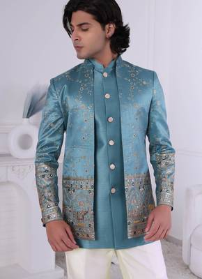 Blue silk embroidered indo western for mens 2