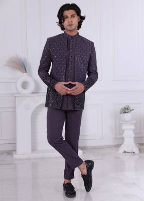 Purple velet embroidered indo western for mens 1