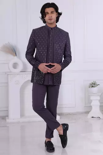 Purple velet embroidered indo western for mens