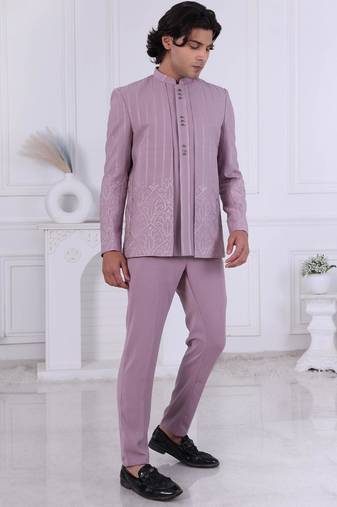Purple silk embroidered indo western for mens