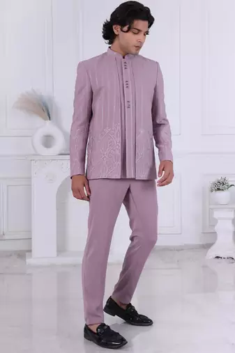 Purple silk embroidered indo western for mens