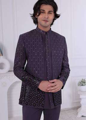 Purple velet embroidered indo western for mens 2