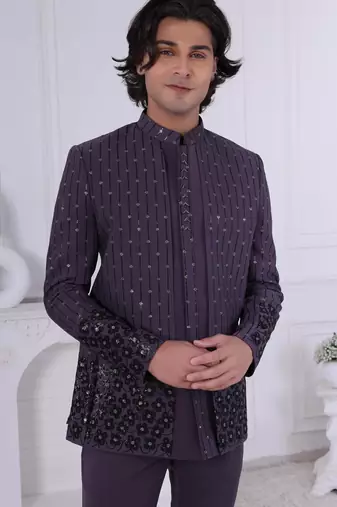 Purple velet embroidered indo western for mens