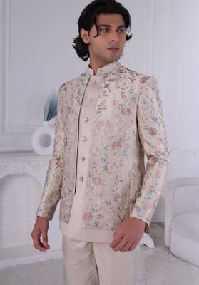 Golden silk embroidered indo western for mens 2
