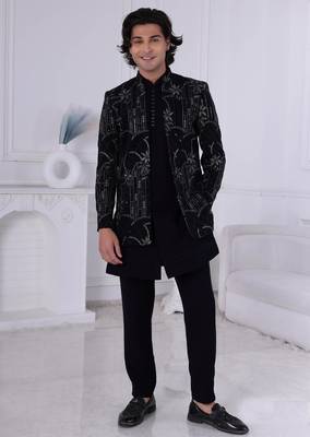 Black velet embroidered indo western for mens 1